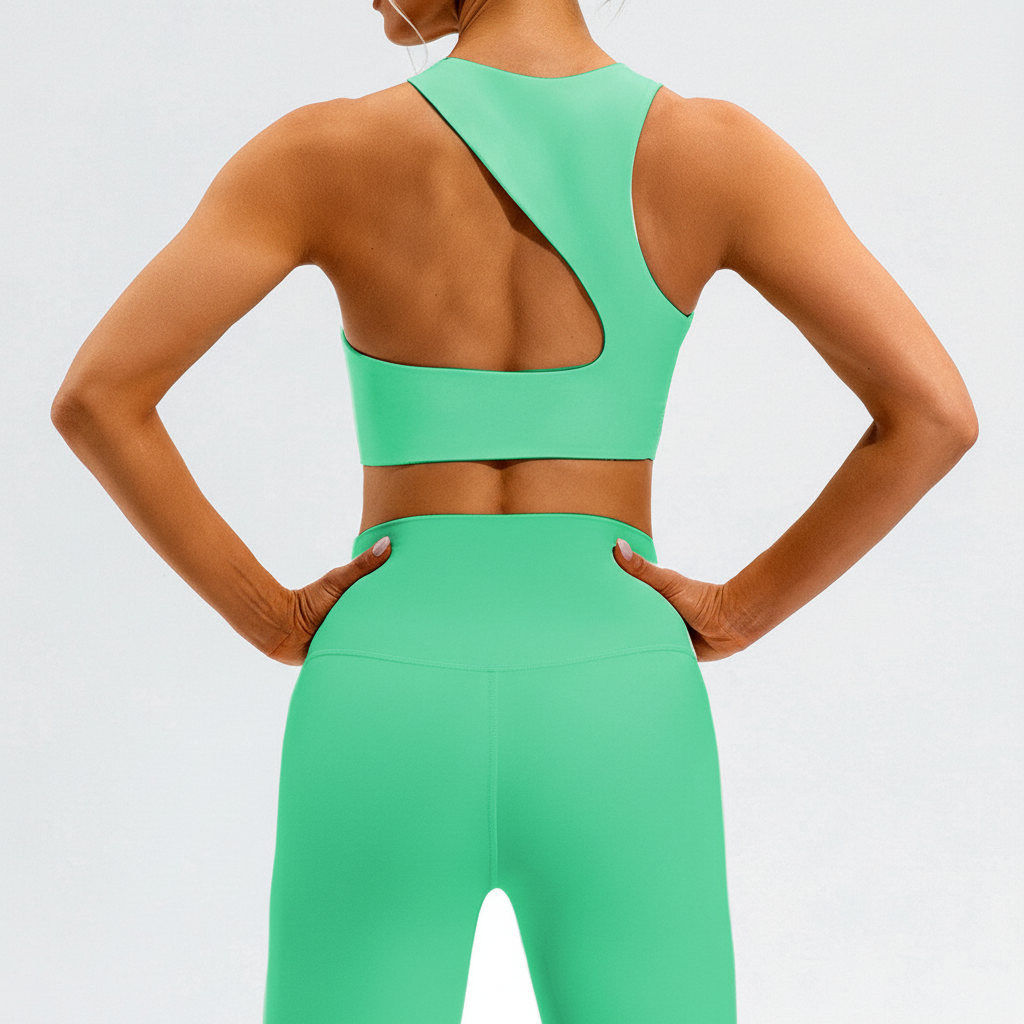 Close-up of the seamless knit detail on the women's performance top & high-waist leggings fitness set.