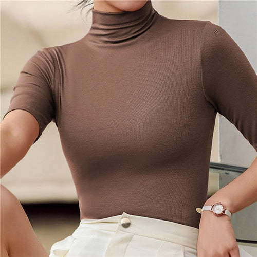 Basic women's seamless turtleneck sweater with a slim fit and long sleeves for chic everyday outfits.