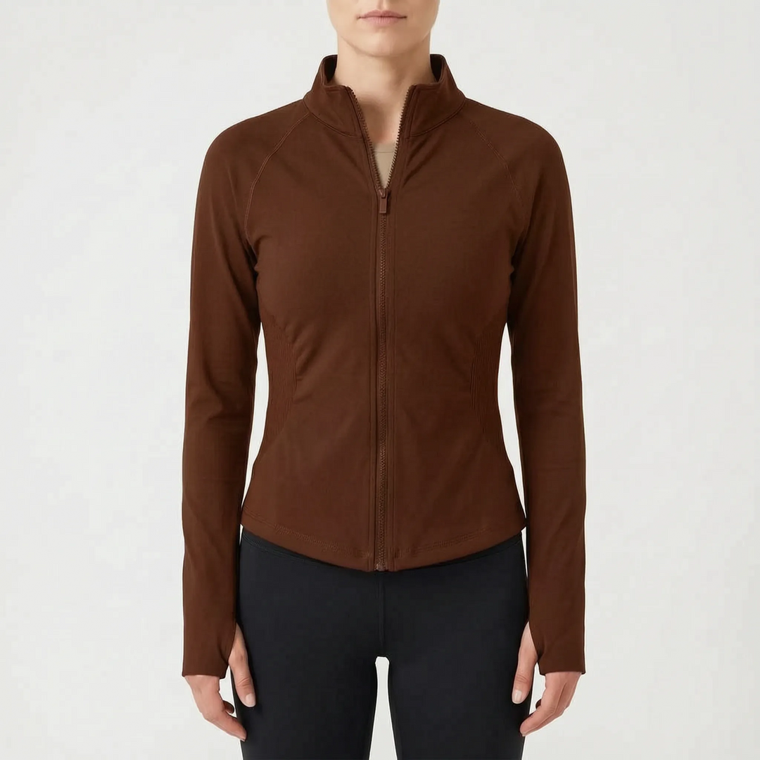 Long sleeve women's stretch jacket, seamless design for performance athletic wear.
