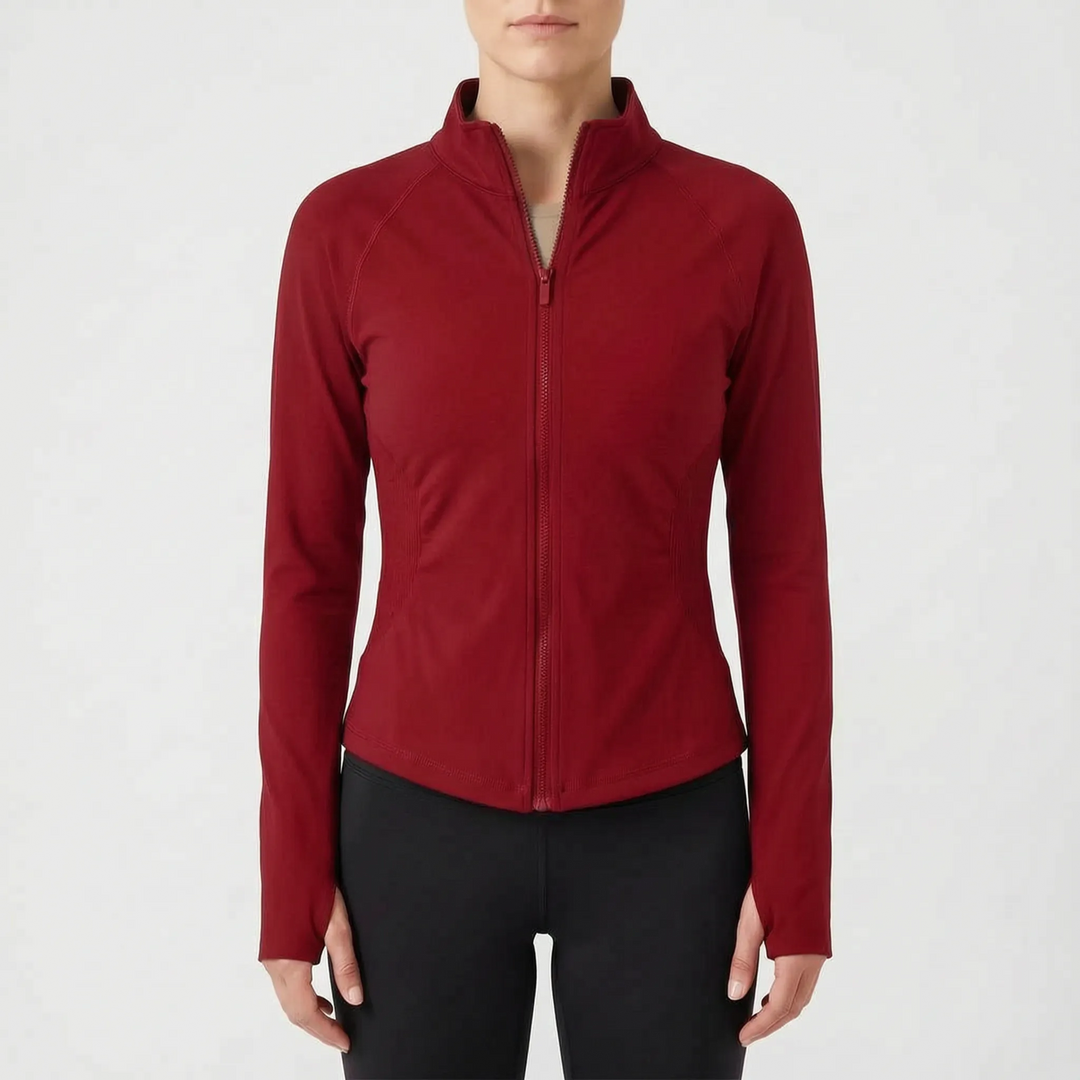 Women's seamless stretch performance jacket, ideal for running and gym workouts.