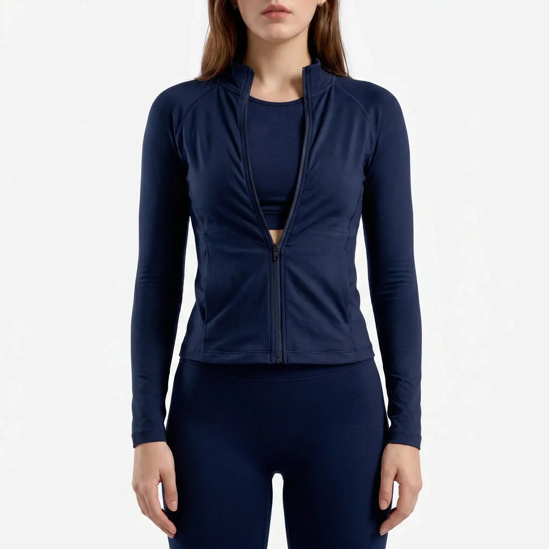 Women's running jacket, long sleeve with seamless stretch fit for outdoor fitness.