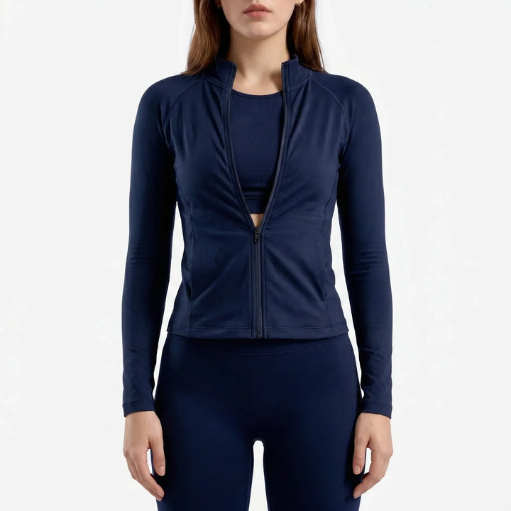 Women's running jacket, long sleeve with seamless stretch fit for outdoor fitness.