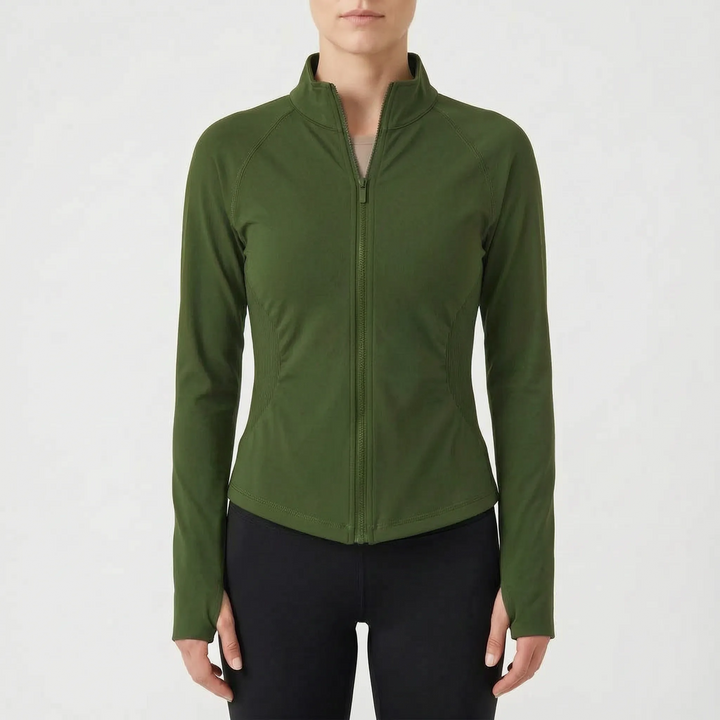 Women's workout jacket, long sleeve seamless design for active training.