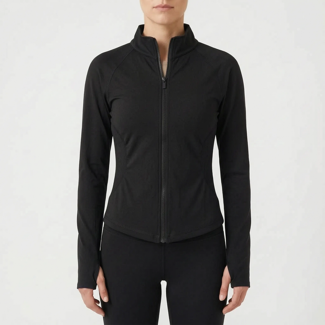 Seamless stretch yoga top/jacket for women, ideal for studio & gym performance.