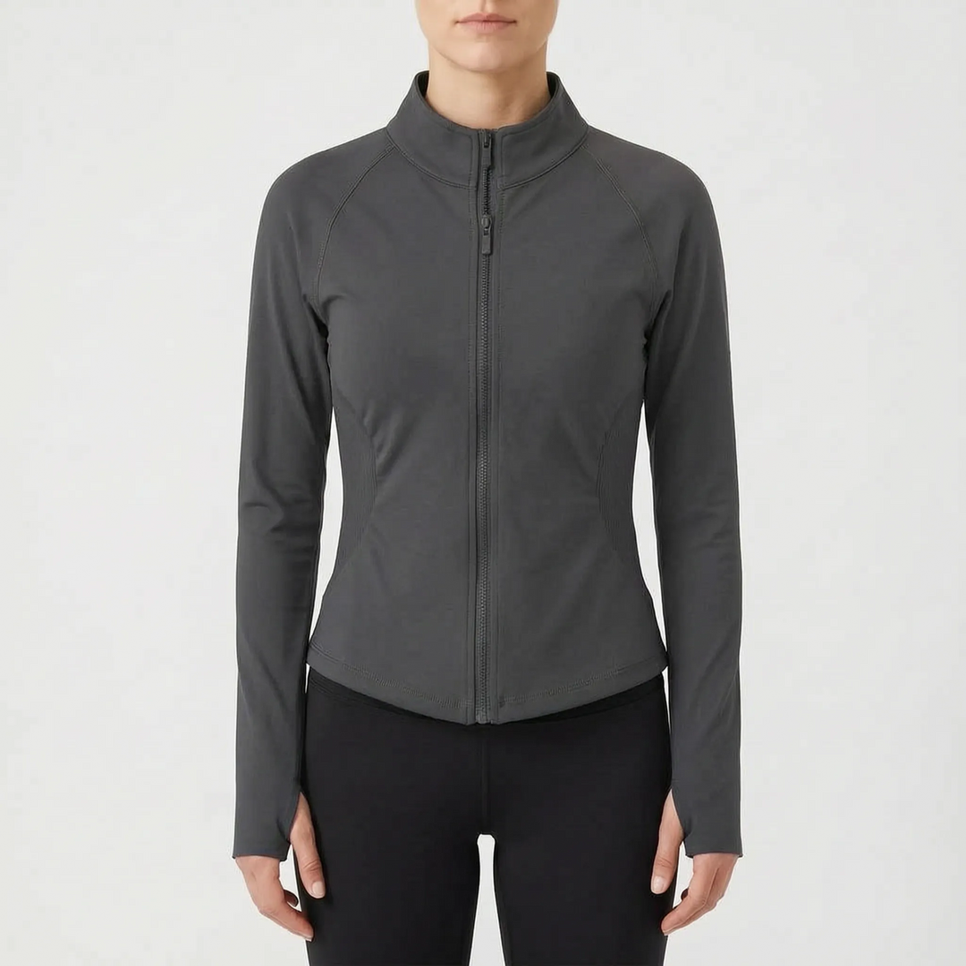 Women's fitness top, seamless stretch performance jacket for running & gym.