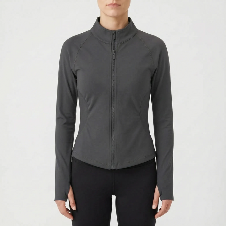Women's fitness top, seamless stretch performance jacket for running & gym.