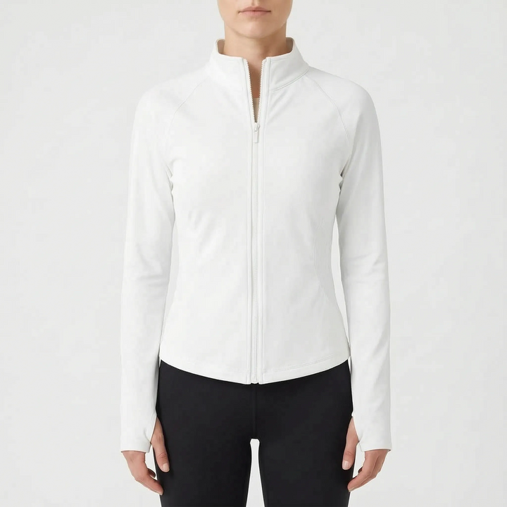 Women's activewear jacket, seamless stretch long sleeve for versatile athletic use.