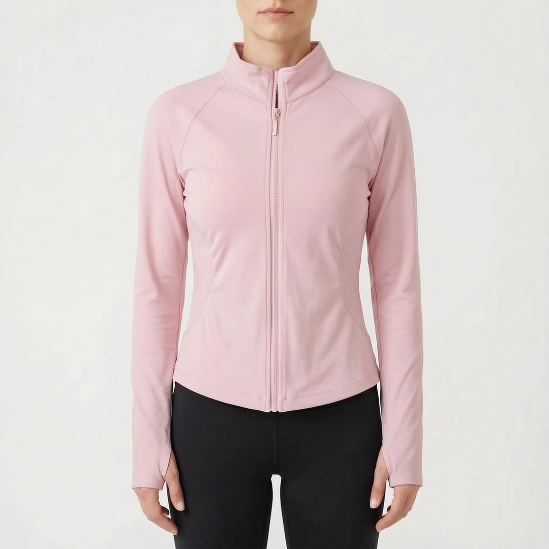Performance women's jacket, seamless stretch fit activewear for running, gym, yoga.