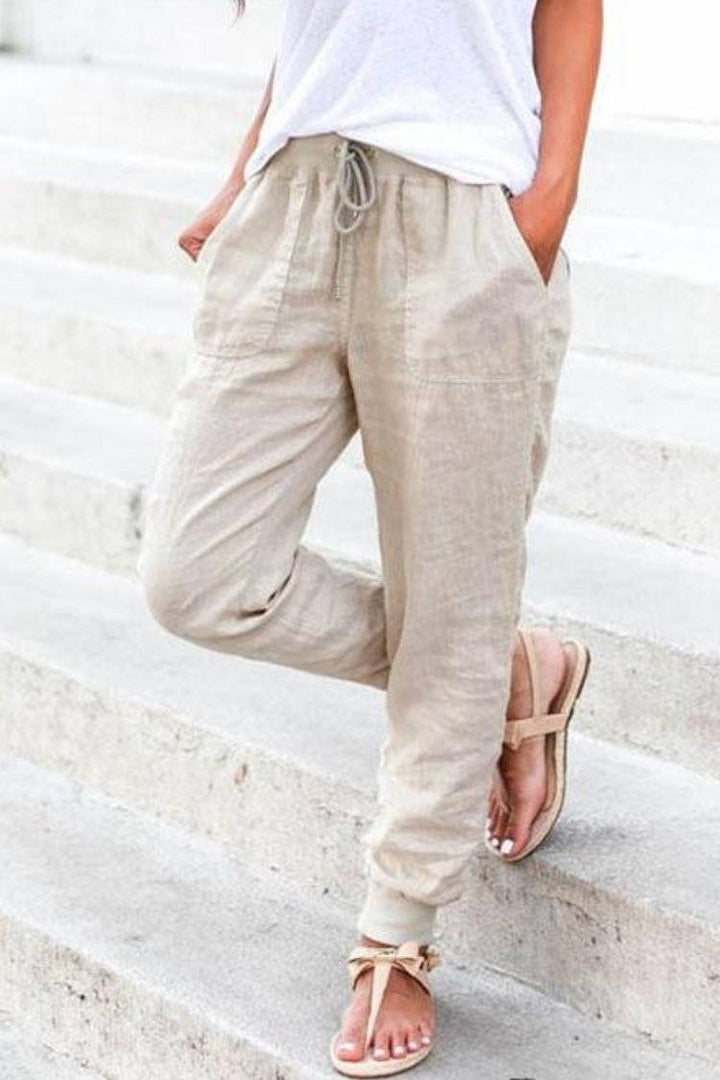 Sedona style women's casual joggers, comfortable drawstring trousers with a modern, relaxed aesthetic.
