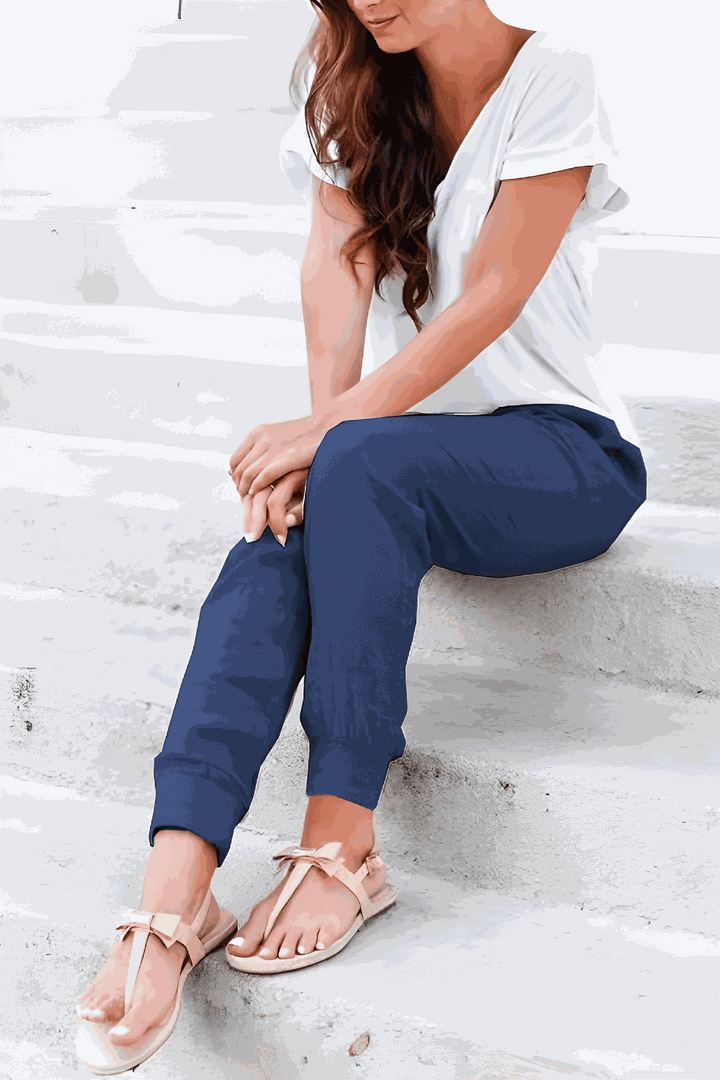 Side view of woman wearing Sedona casual joggers, ideal for loungewear, active use, or daily comfort.
