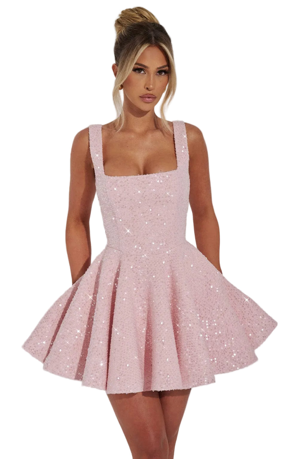 Sleeveless short sequin cocktail dress with a flattering fit & flare silhouette and delicate back bow.