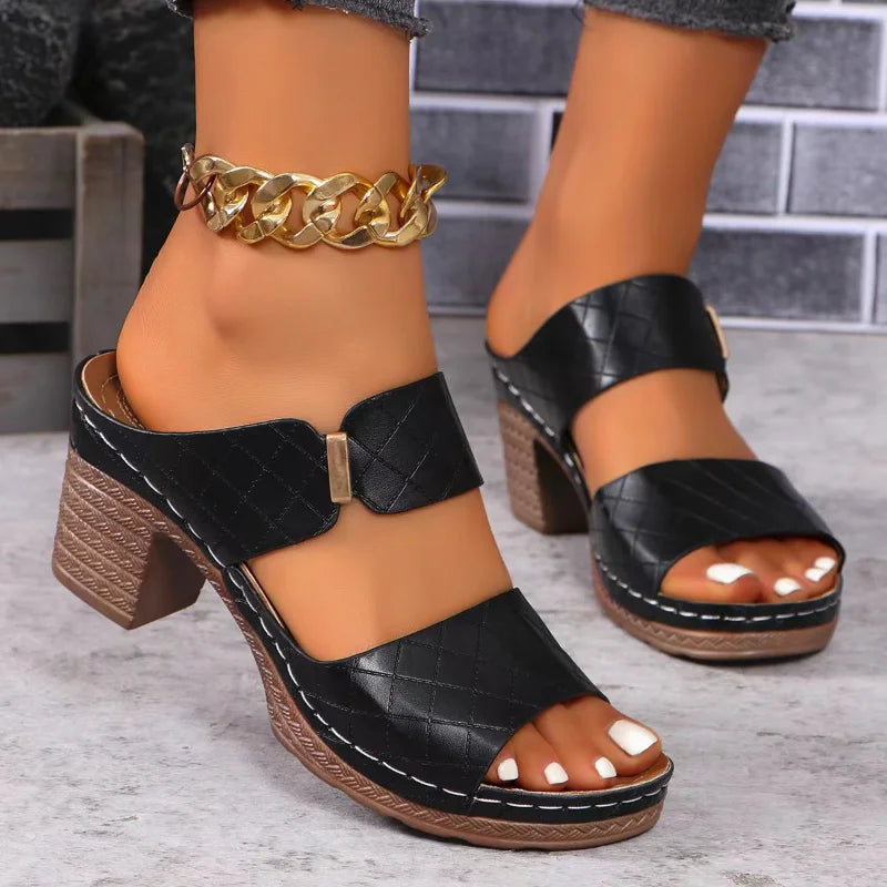 Elegant leather Shara block heel dress sandals for women, suitable for both casual & formal events.