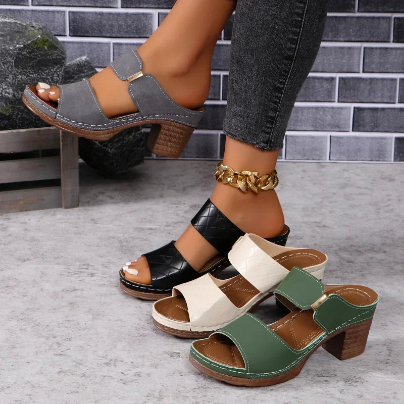 Versatile Shara women's slip-on sandals with comfortable block heels, great for all-day wear.