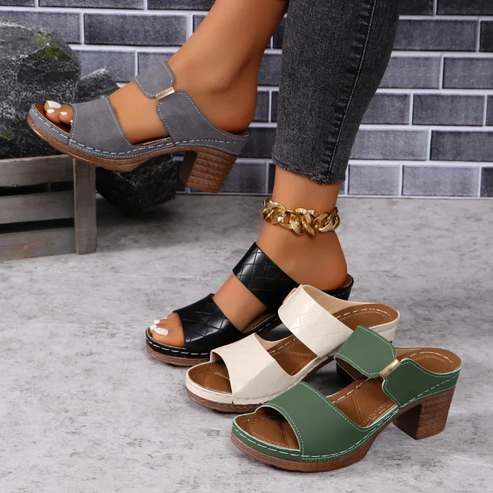 Versatile Shara women's slip-on sandals with comfortable block heels, great for all-day wear.