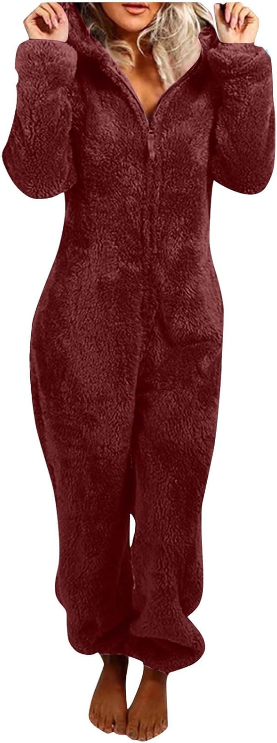Women's sherpa fuzzy hooded onesie, ultimate cozy loungewear for warmth & comfort.