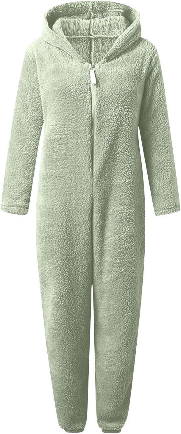 Women's hooded sherpa sleepwear, a fuzzy one-piece for ultimate relaxation.