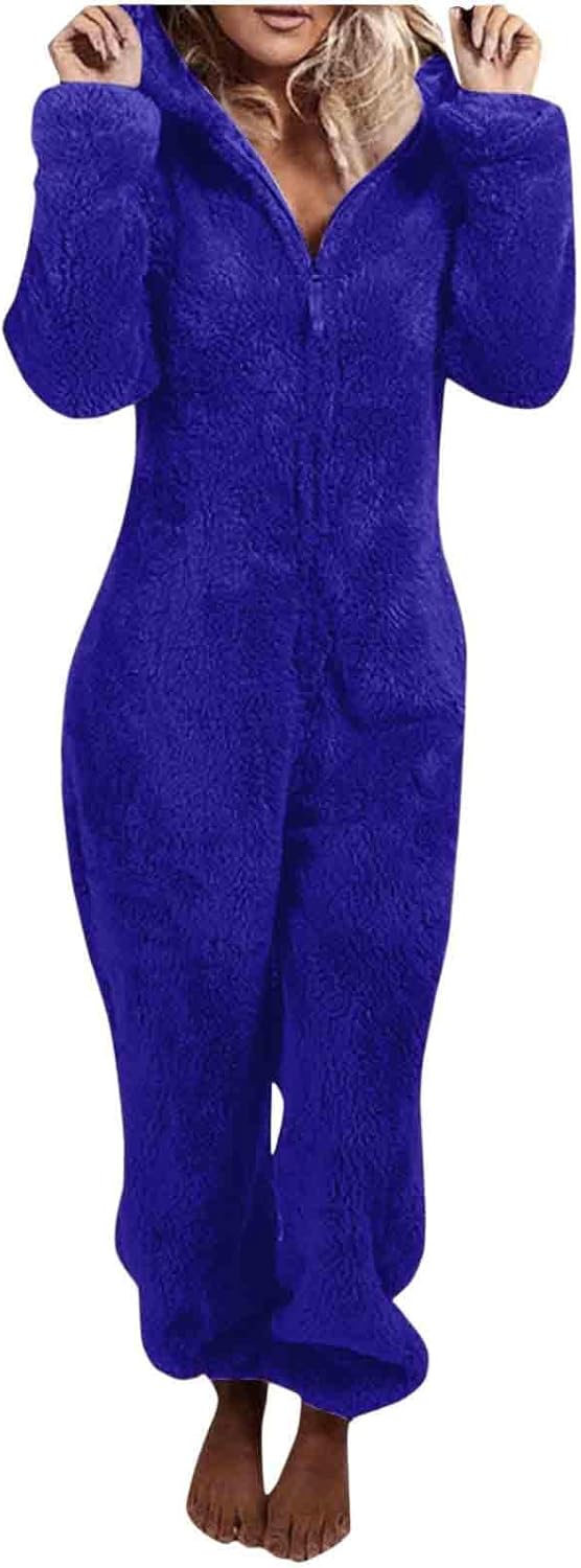 Warm women's fuzzy jumpsuit, hooded design, ideal for relaxing evenings.