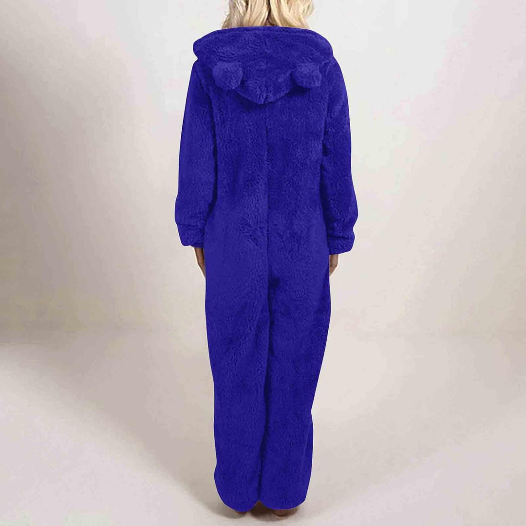 Ultimate cozy women's fuzzy onesie, hooded sherpa for supreme comfort.