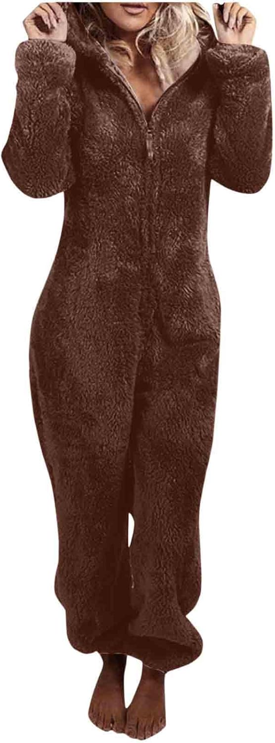Women's hooded sleepsuit, plush sherpa material, soft & warm for unwinding.
