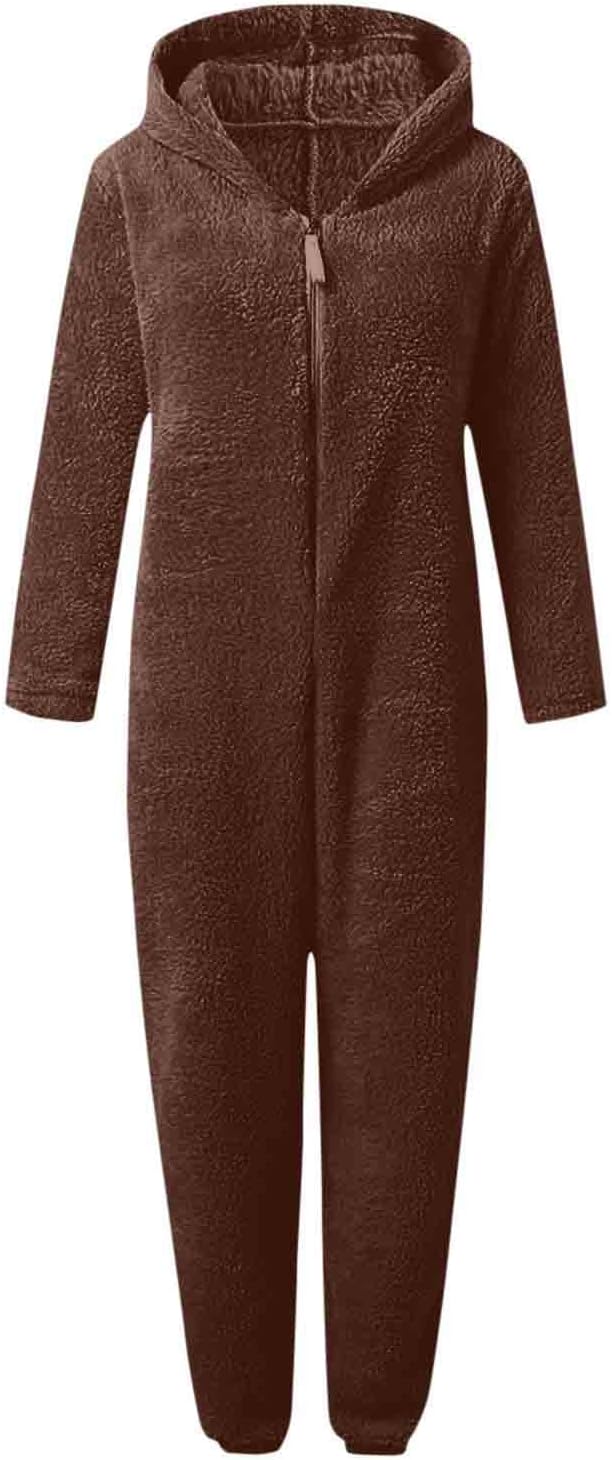 Fuzzy women's one-piece pajamas, hooded and warm sherpa loungewear.