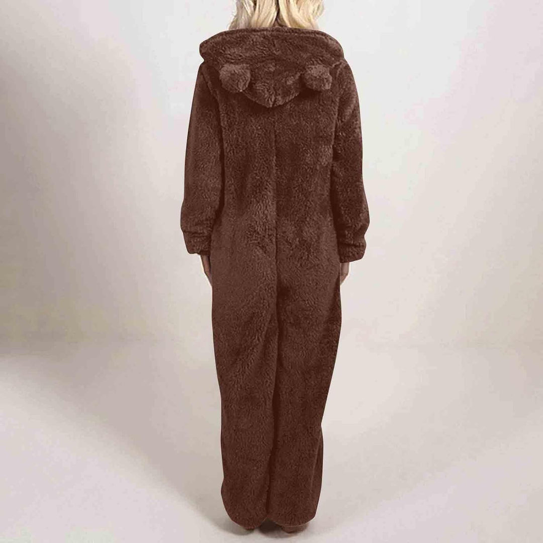 Cozy women's sherpa hooded jumpsuit, perfect for snuggling up.