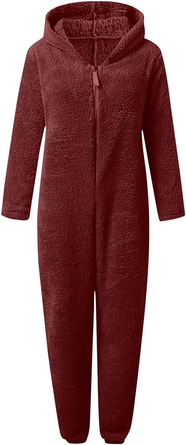 Soft fleece one-piece pajamas for women, hooded design, ideal for relaxing at home.