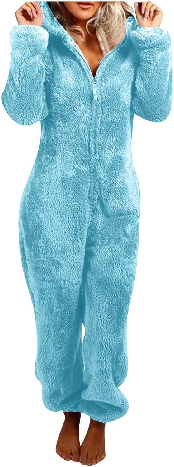 Women's warm sherpa hooded jumpsuit, one-piece comfort for winter.