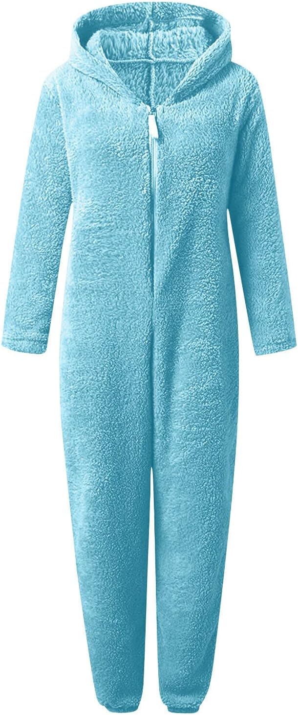 Plush women's fuzzy onesie, hooded design, ultimate cozy winter loungewear.