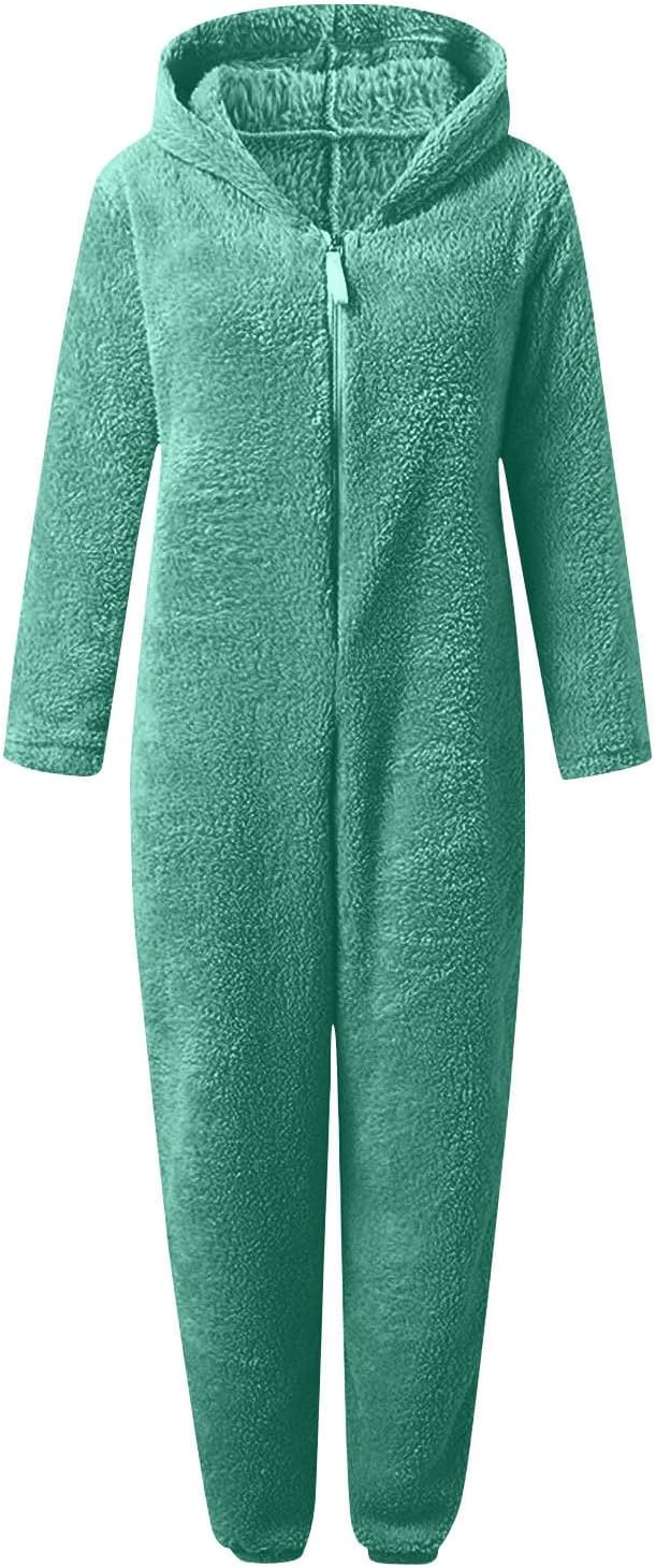 Women's hooded loungewear, sherpa fuzzy onesie in a light grey shade.