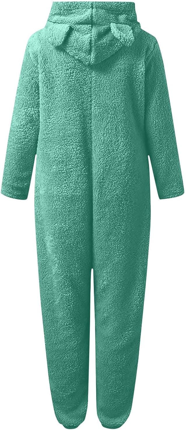 Warm women's one-piece, fuzzy sherpa with hood, essential for cold weather.