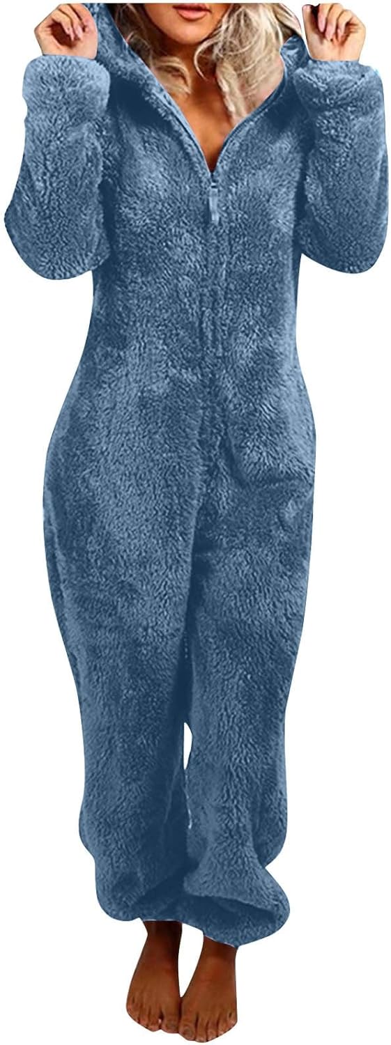 Relaxing women's hooded jumpsuit, soft sherpa fleece for ultimate comfort.