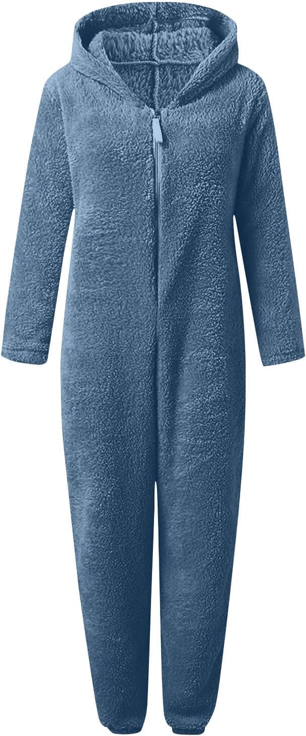 Fuzzy women's hooded onesie, perfect for cozy nights in, sherpa material.