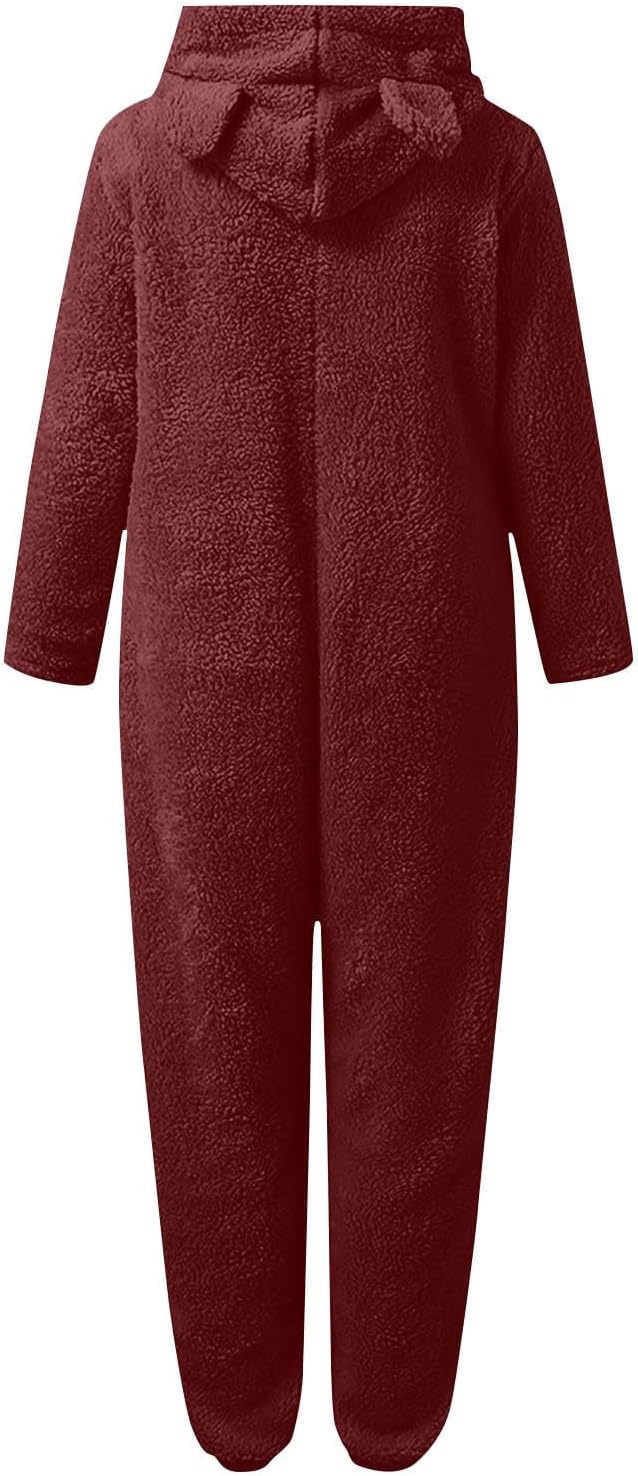 Women's fuzzy hooded jumpsuit, plush sherpa material for ultimate coziness.