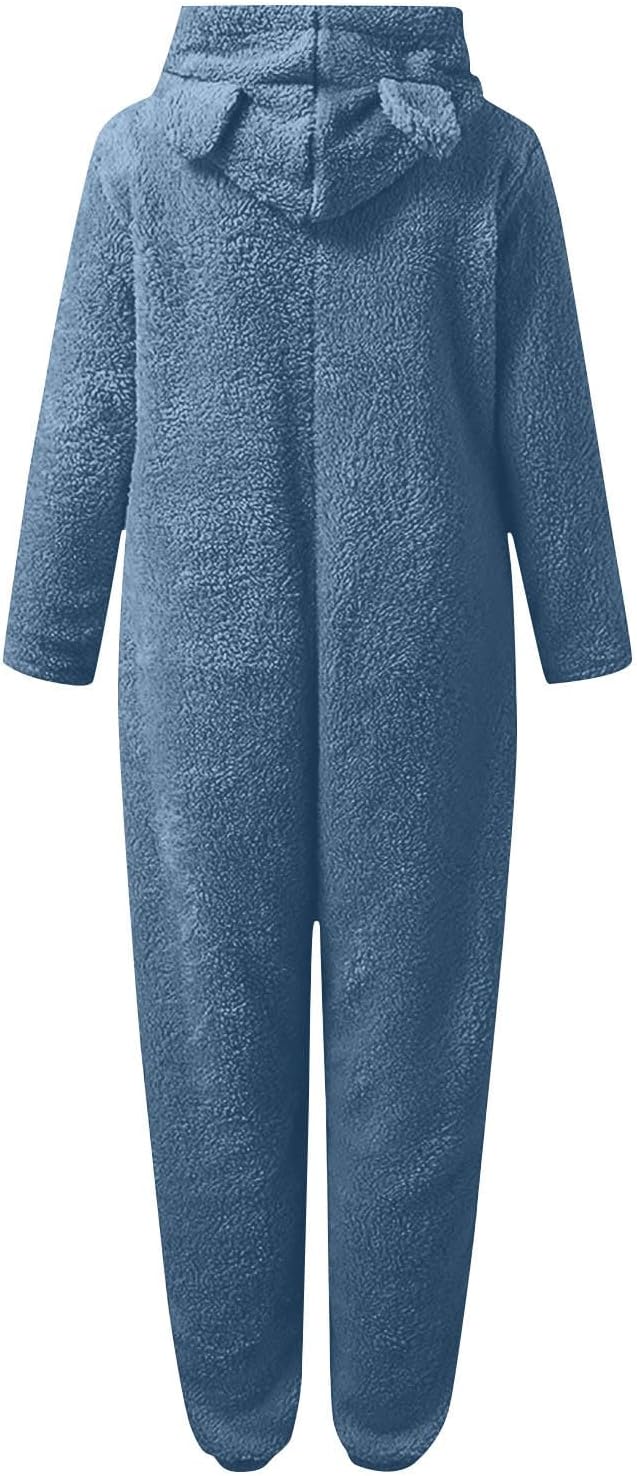 Women's sherpa hooded sleepwear, one-piece design for winter comfort.