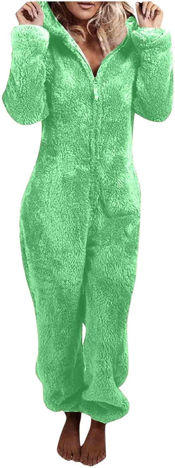 Ultra-soft women's fuzzy loungewear, hooded sherpa onesie for warmth.