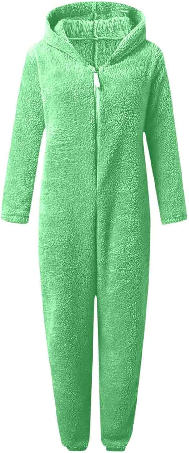 Cozy women's hooded jumpsuit, sherpa fleece material, perfect for home.