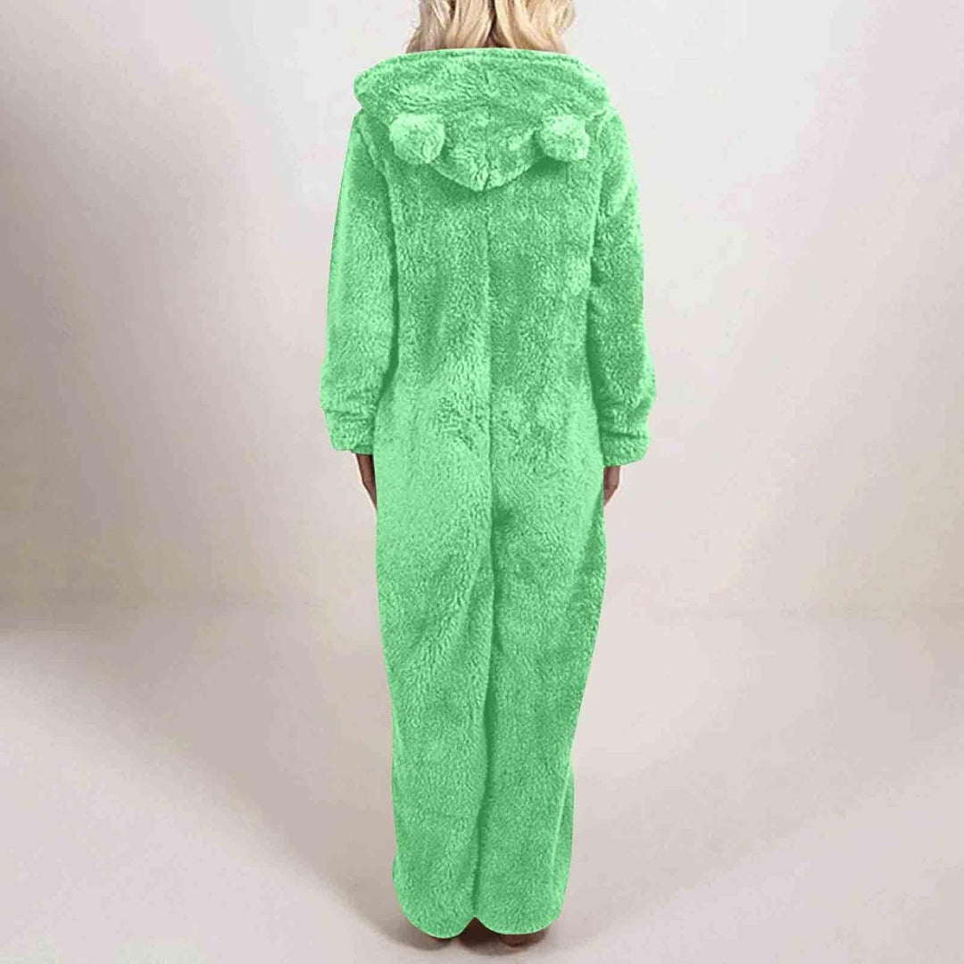 Women's one-piece fuzzy pajamas, hooded & warm, made with soft sherpa.