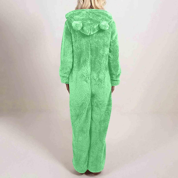 Women's one-piece fuzzy pajamas, hooded & warm, made with soft sherpa.