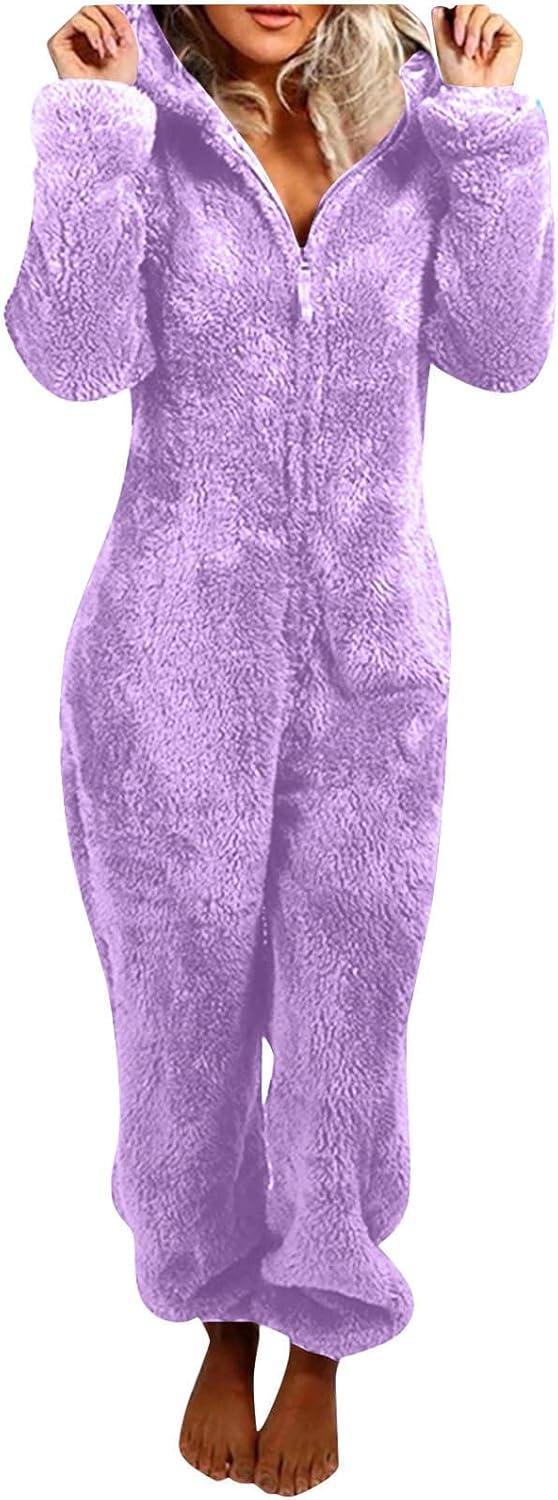 Stylish women's sherpa hooded onesie, ultimate cozy loungewear.