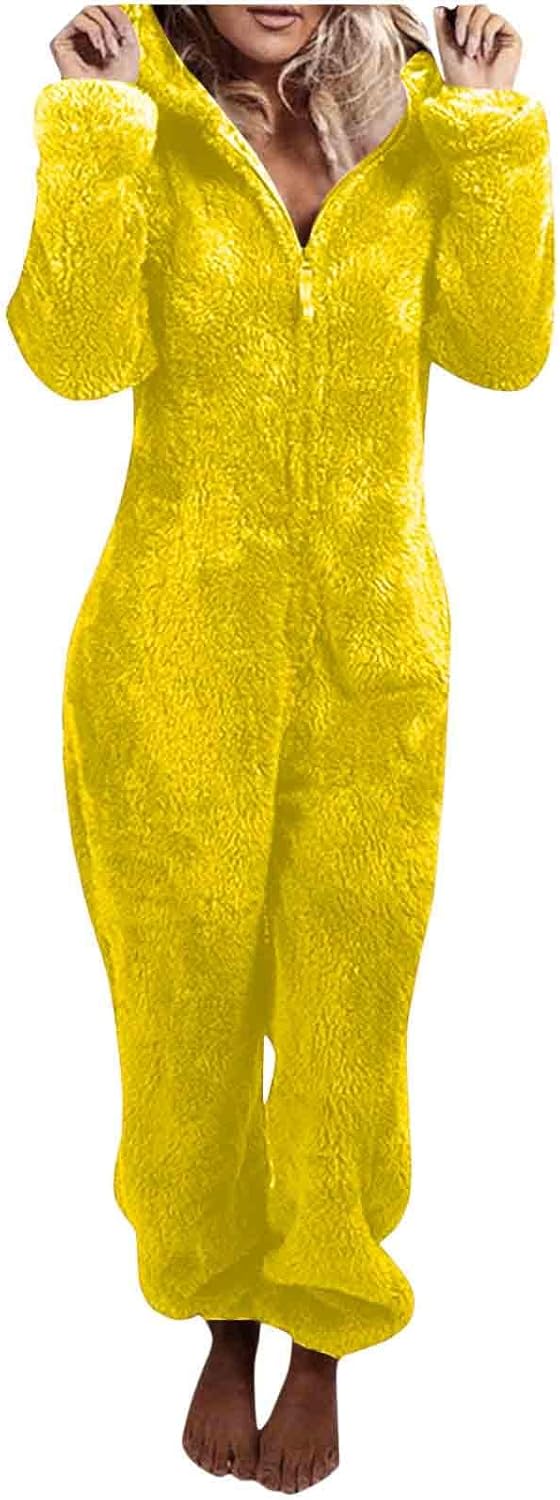 Soft women's fuzzy hooded jumpsuit, one-piece for cozy comfort.