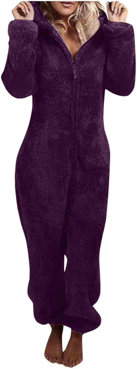 Cozy sherpa loungewear set for women, hooded onesie for winter comfort.