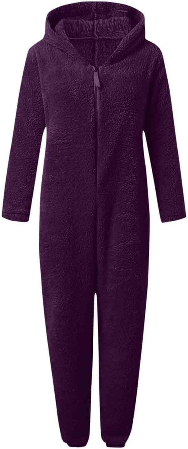 Warm women's one-piece sleepwear, fuzzy hooded design, perfect for chilly nights.
