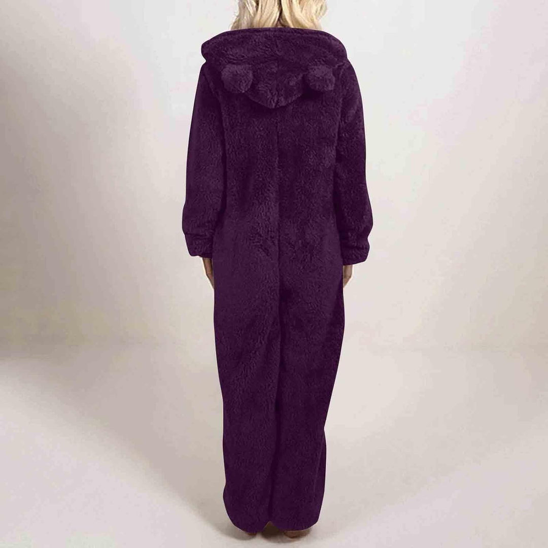 Luxurious sherpa fuzzy onesie, women's hooded loungewear in a soft cream color.