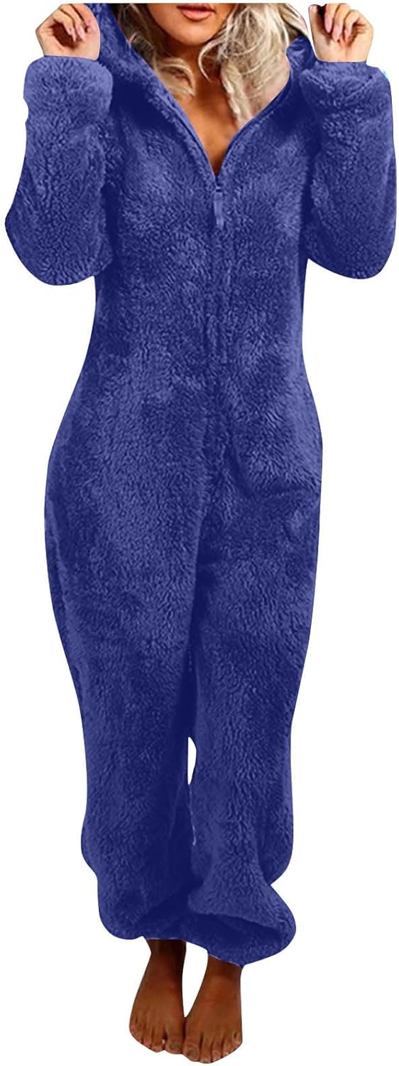 Women's hooded sherpa jumpsuit, ultra-soft fleece for cozy relaxation.