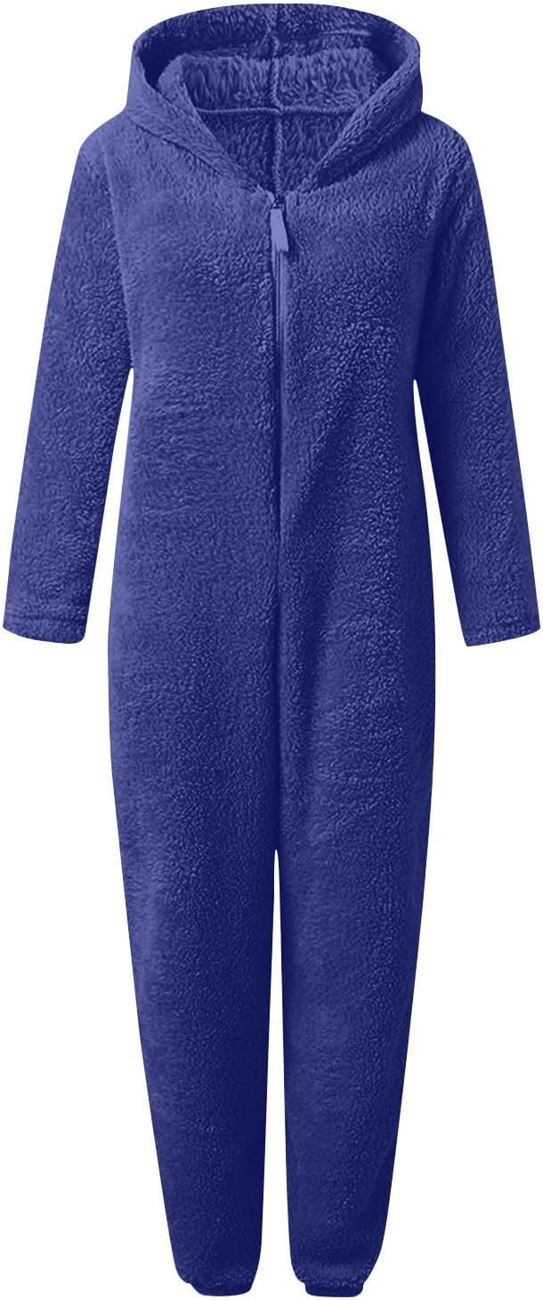 Fuzzy one-piece pajamas for women, hooded and warm, a winter essential.