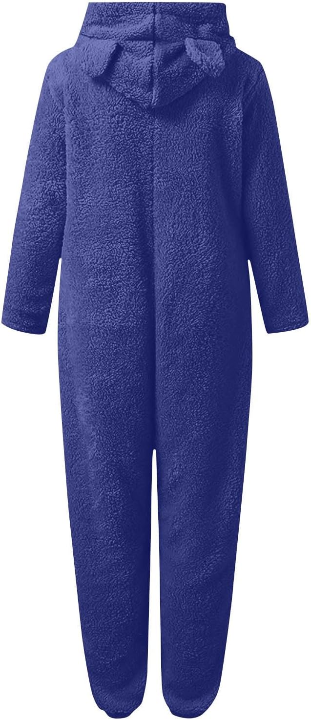 Stylish women's hooded sherpa onesie, perfect for cozy comfort & lounging.