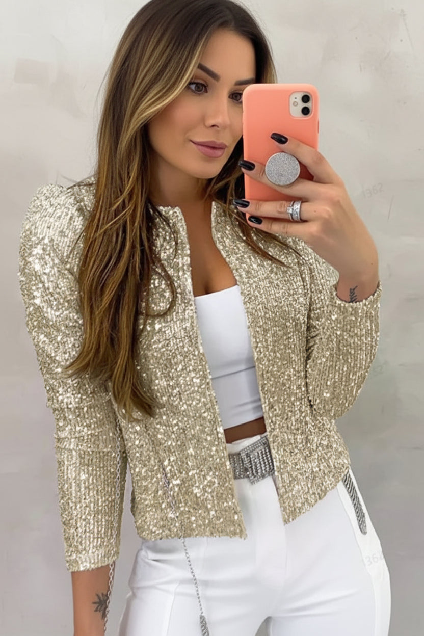 Women's shimmering blazer, perfect for elegant evening wear & party outfits. Tailored chic sparkle jacket.