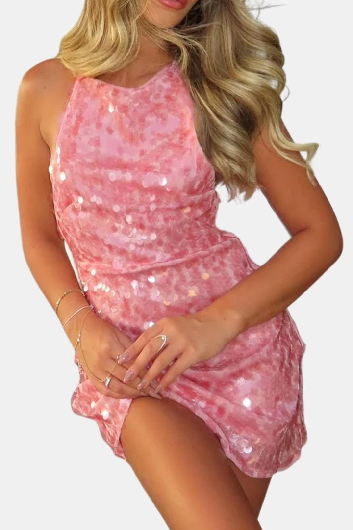 Glittering sequin mini dress with a halter neckline, bodycon fit. Ideal for women's special occasions.