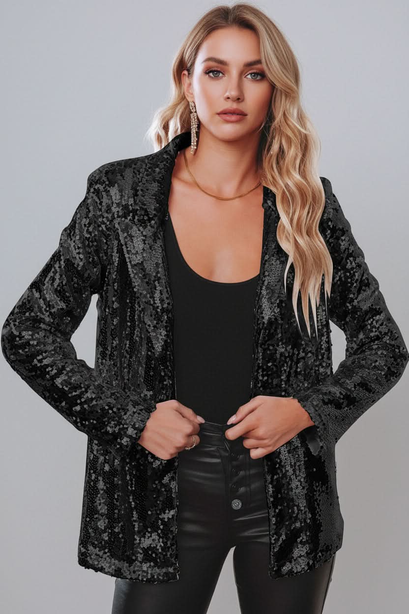 Fashionable women's shimmering sequin blazer, a versatile jacket for glamorous party wear.