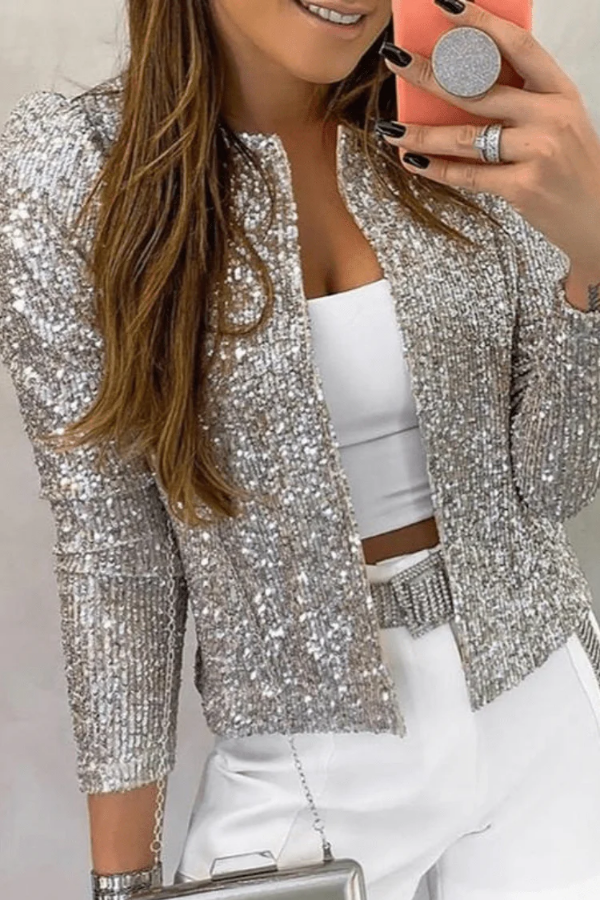 Black sequin blazer with shimmer for women. Sparkling open-front jacket, ideal for evening fashion.